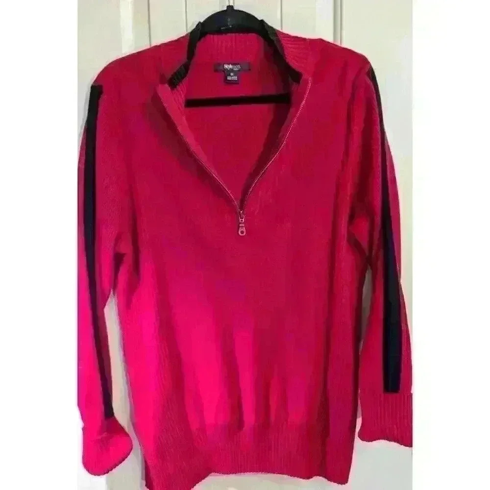Style & Co. Women's 100% Cotton Size 3X Sporty Red & Black 1/4 Zip Sweater